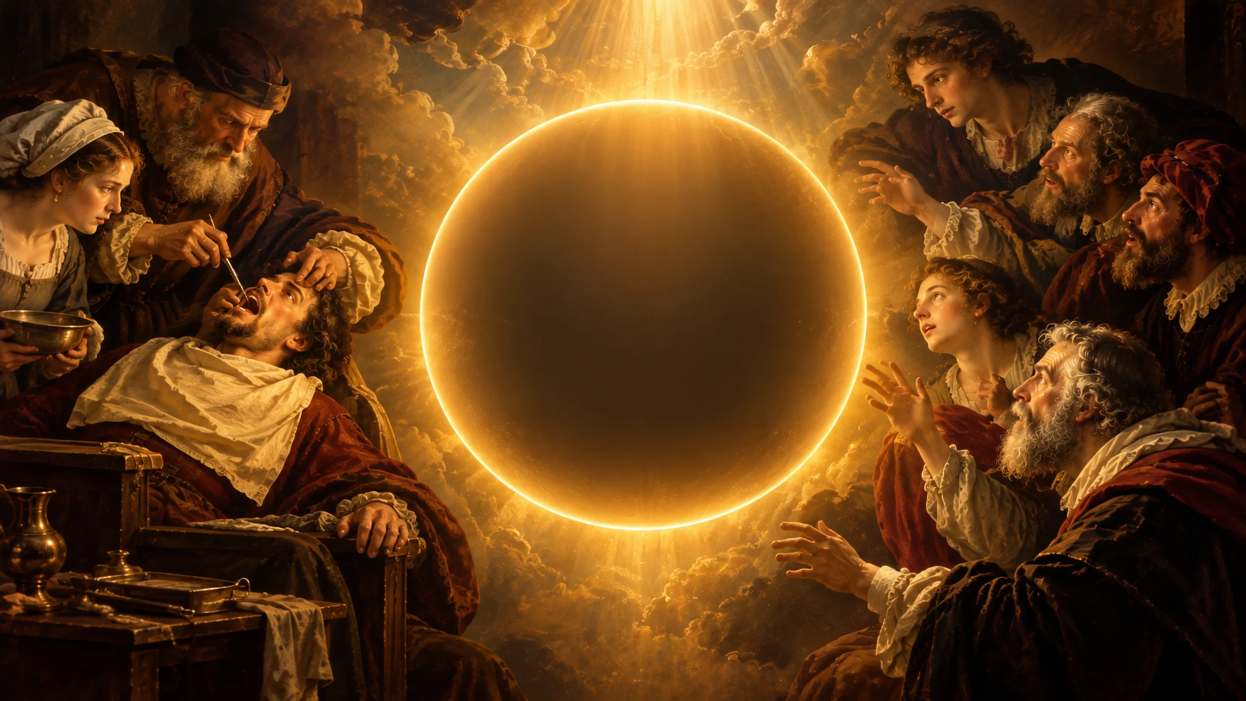 Peinture imaginaire dorée : un dentiste d’autrefois examine un patient. À droite, des villageois découvrent une sphère lumineuse devant eux.